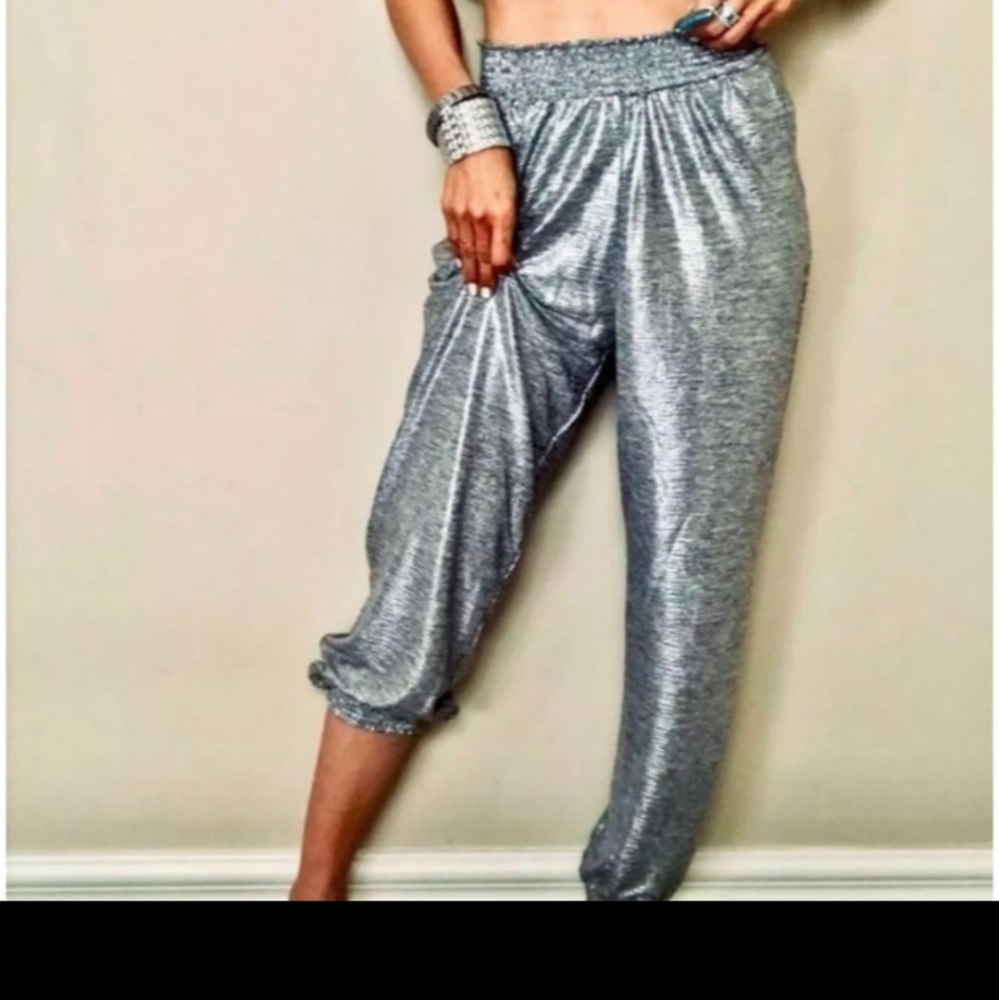 Anthropologie shimmer silver joggers